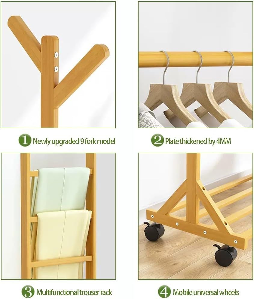 Generico Appendiabiti in bambù Resistente con Ruote e vano portascarpe - Supporto per Abiti Mobile per Camera da Letto, gruccia con Barre Appendiabiti, Organizer Elegante e Funzionale