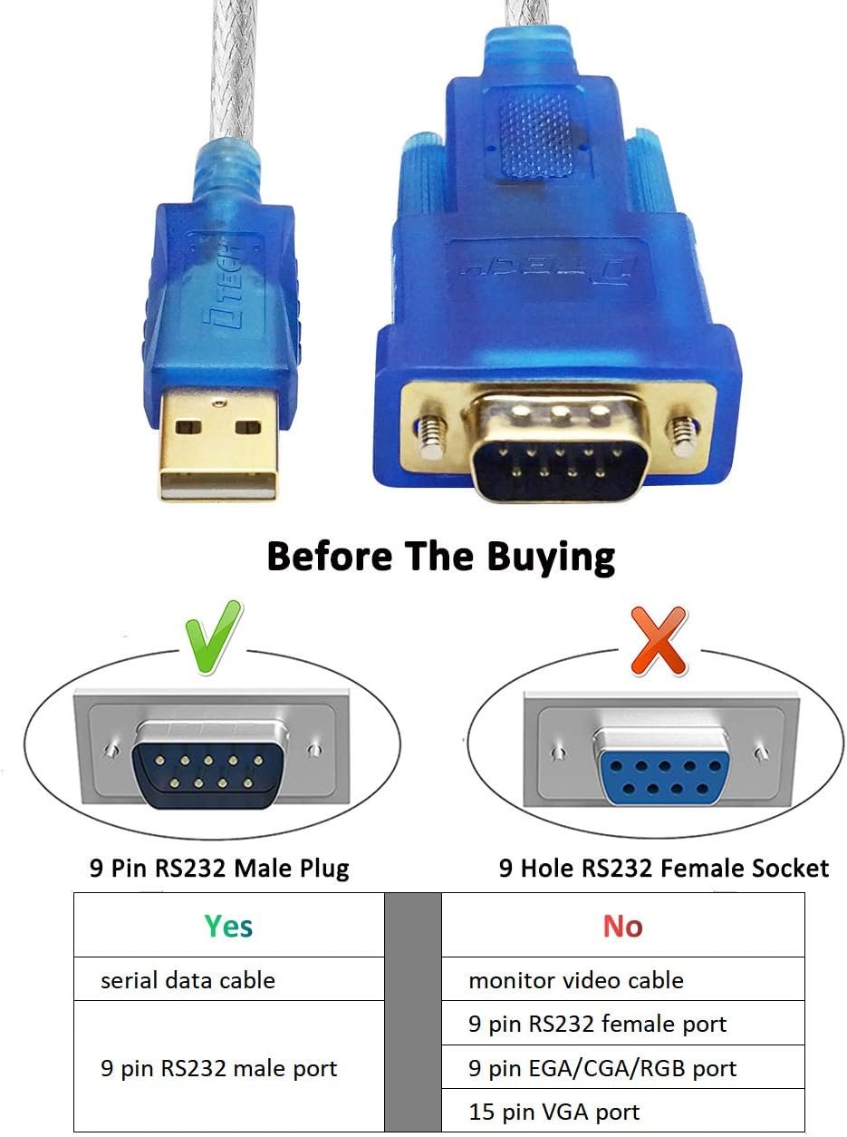 DTECH 3m FTDI USB to RS232 DB9 Male Serial Adapter Cable COM Port with FT232 Chipset Supports Windows 10 8 7 Mac Linux (10 Feet, FT232 Chip)