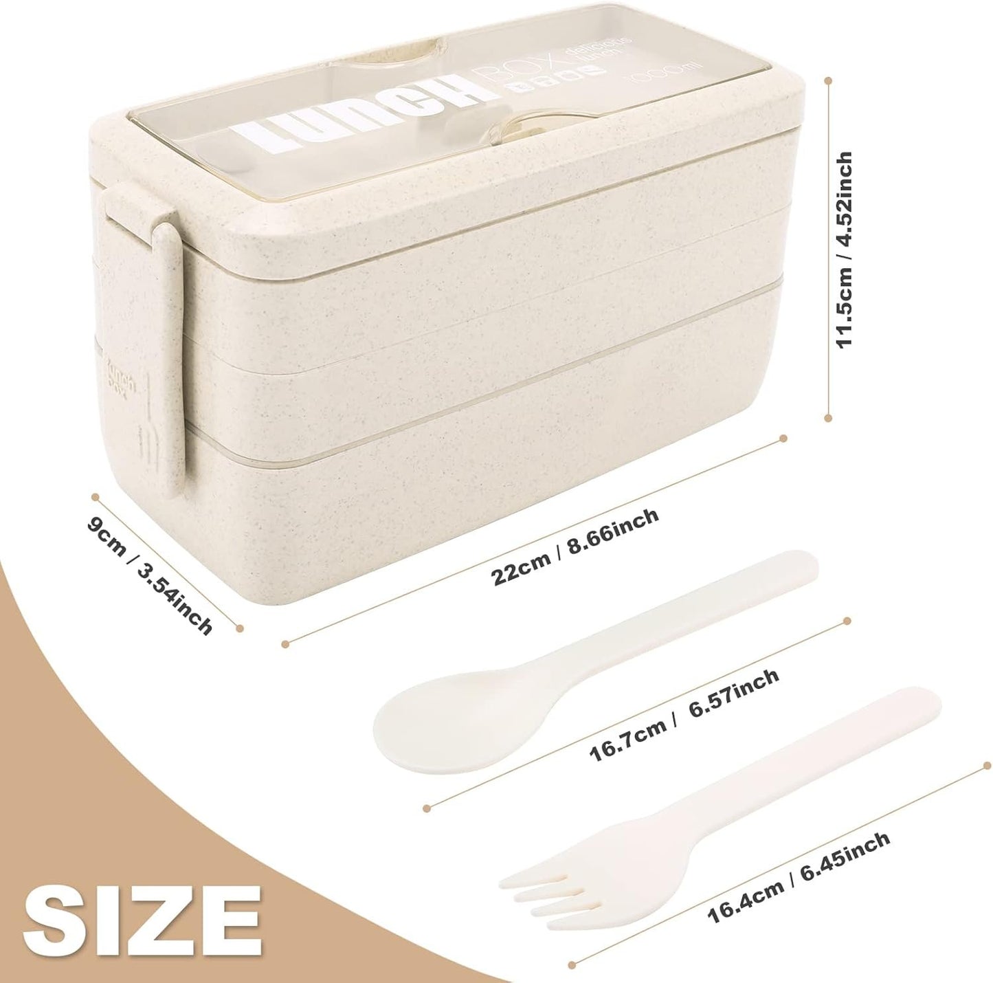 Yirochan 3 Layer Bento Box for Adults, 4-in-1 Meal Prep Container with Fork & Spoon, 1000ml Food Storage for Men Women Student School Office, Microwave Dishwasher Safe Available (Beige)