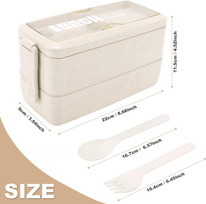 Yirochan 3 Layer Bento Box for Adults, 4-in-1 Meal Prep Container with Fork & Spoon, 1000ml Food Storage for Men Women Student School Office, Microwave Dishwasher Safe Available (Beige)