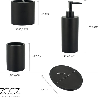 ZCCZ Bathroom Accessory Set, 4 Piece Matte Black Vanity Countertop Décor with Soap Dispenser, Toothbrush Holder, Tumbler, and Dish for Modern Home Styling and Functional Organization