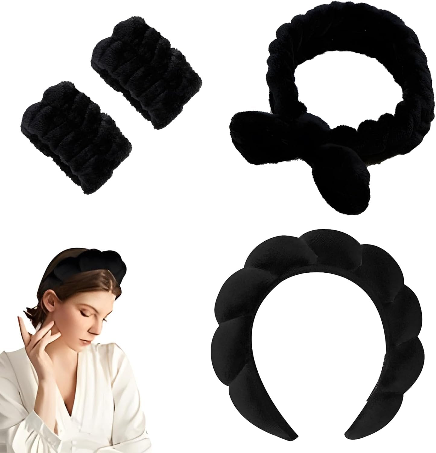 Spa Headbands for Women, 4 Pcs Makeup Headband for Washing Face Soft Hair Band Skincare Headbands for SPA Shower Sponge Headbands Wristbands (Black)