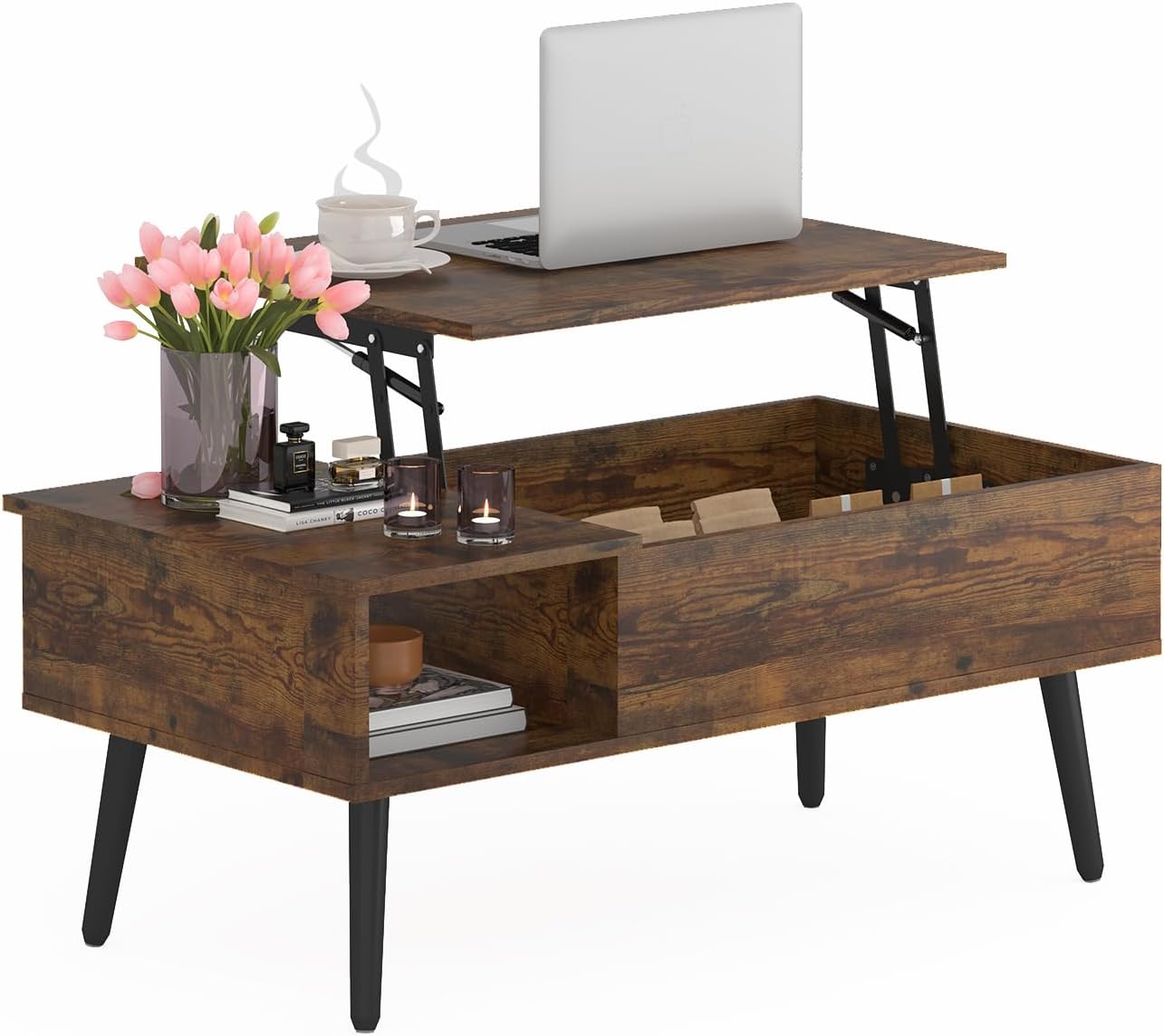 Ufurniture Lift Top Coffee Table with Hidden Storage, Gas Lift Tabletop Dining Table with Storage Shelf for Home Living Room, Office, Walnut