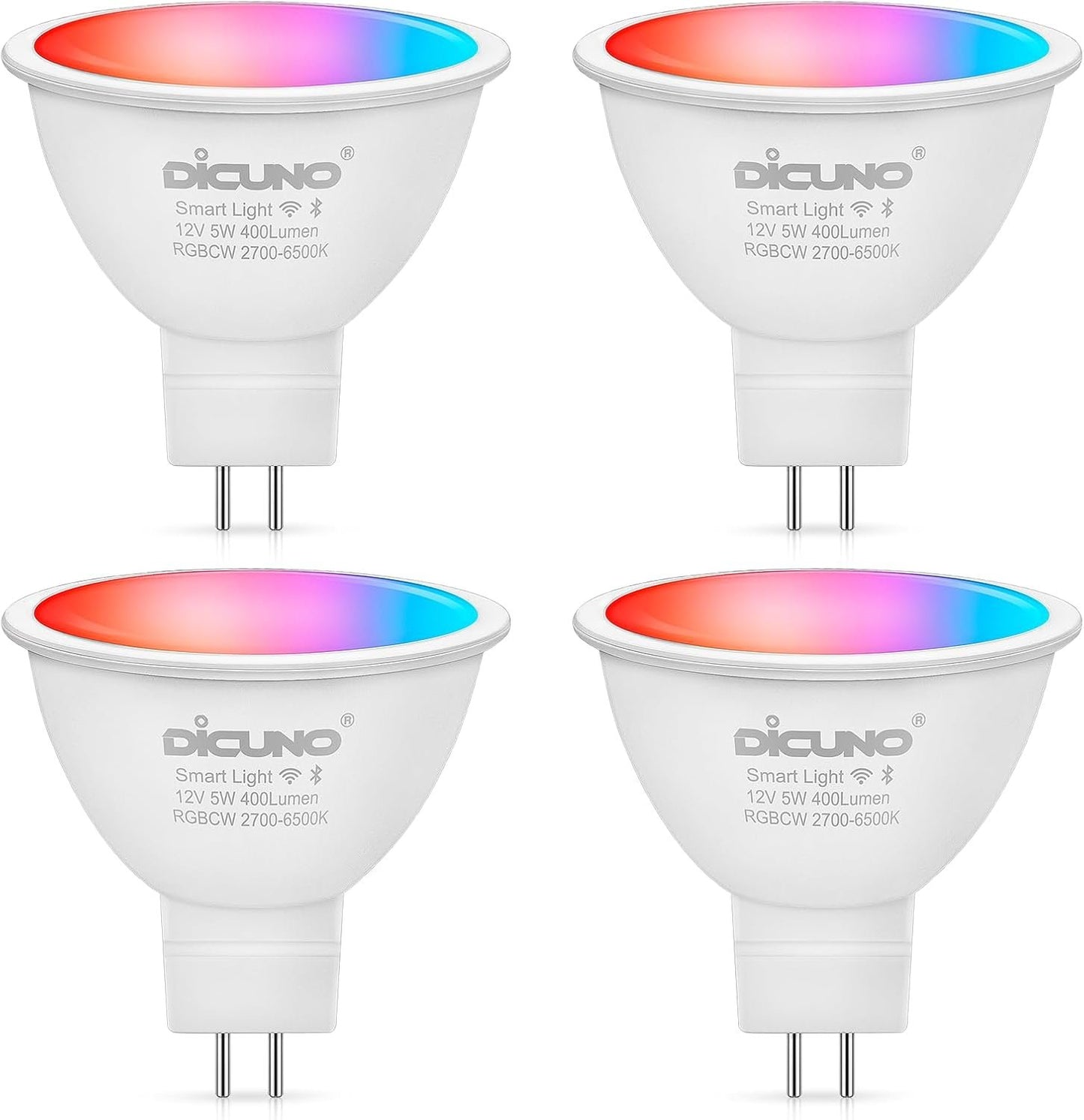DiCUNO MR16 Smart Bulb, Color Changing WiFi & Bluetooth LED Track Light Bulb, Alexa & Google Assistant Compatible, RGBCW Dimmable with App, GU5.3 Base, 5W (40W Equivalent), Pack of 4