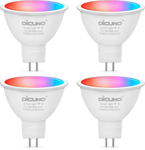 DiCUNO MR16 Smart Bulb, Color Changing WiFi & Bluetooth LED Track Light Bulb, Alexa & Google Assistant Compatible, RGBCW Dimmable with App, GU5.3 Base, 5W (40W Equivalent), Pack of 4