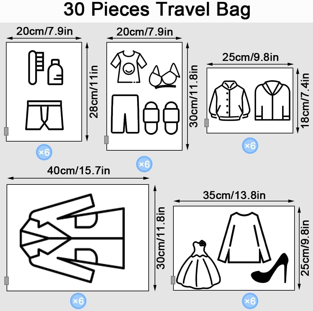 Dantolo 30 Pieces Travel Clothes Bags, Clothes Bags, Bags for Garments, Resealable Bags, Travel Useful Accessories