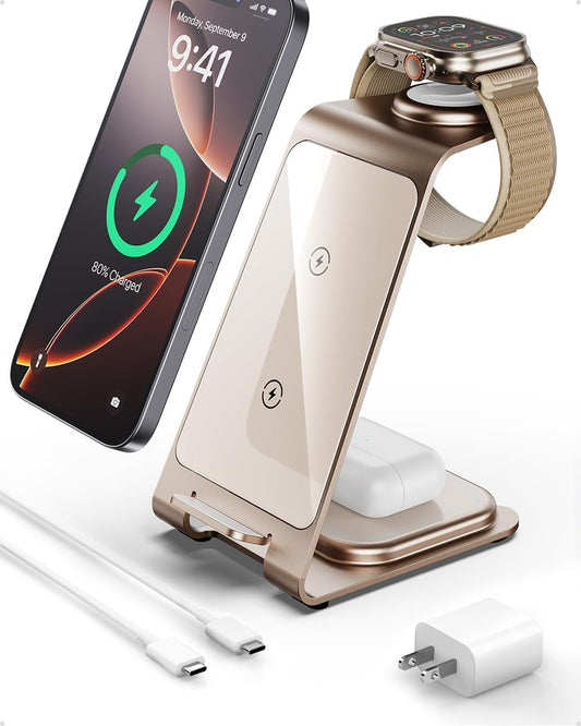 Intoval 3 in 1 Wireless Charging Station for iPhone 16 Pro/16/16 Pro Max/15 Pro/15/15 Pro Max, for Apple Watch 10/Ultra 2/SE/9/8/7/6/5/4/3/2, for AirPods 4/Pro/Pro 2/3 (Y93, Desert)