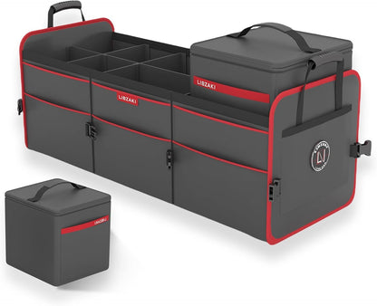 LIBZAKI Car Trunk Organizer,3 Compartments Big Trunk Storage, Large Capacity, Foldable, 95L Heavy Duty Storage Box for Car, SUV, Truck,Jeep, Includes 26L Cooler Bag-Black