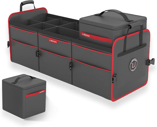LIBZAKI Car Trunk Organizer,3 Compartments Big Trunk Storage, Large Capacity, Foldable, 95L Heavy Duty Storage Box for Car, SUV, Truck,Jeep, Includes 26L Cooler Bag-Black