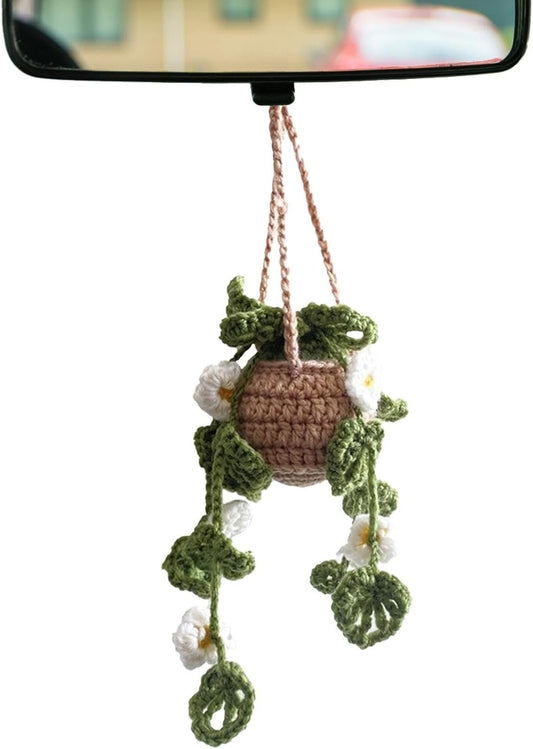 Crochet Hanging Plant for Car - Cute Car Accessories, Crochet Potted Plants, Car Hanging Accessories, Handmade Knitted Rear View Accessories Car Interior Aesthetic
