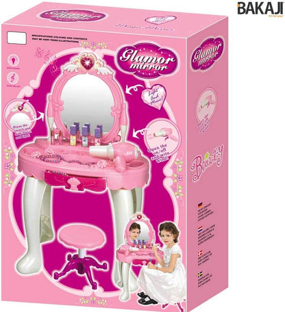 BAKAJI Make-Up Table Mirror Toy for Children Dressing Table with Stool Lights Sounds Hair Dryer Battery Operated and Game Accessories Size 45 x 32 x 72 cm