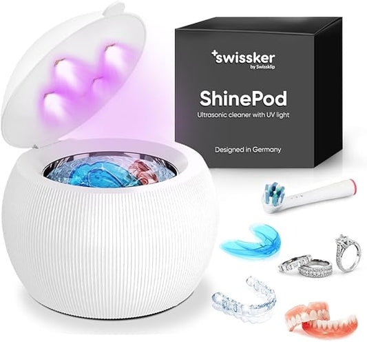 Swissklip ShinePod Ultrasonic Dental Cleaning Pod | Ultrasonic Retainer Cleaner Machine | Mouth Guard Cleaner| Night Guard Cleaner| Aligner Cleaner | Denture Cleaner - White