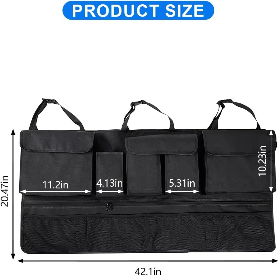 Mandark Car Trunk Organizer, Super Capacity Vehicle Hanging Backseat Cargo Storage Bag with Robust Elastic Net, Detachable Auto Seat Back Organizing Bag, Universal for SUV, Truck, RVï¼ˆBlack/Blackï¼‰