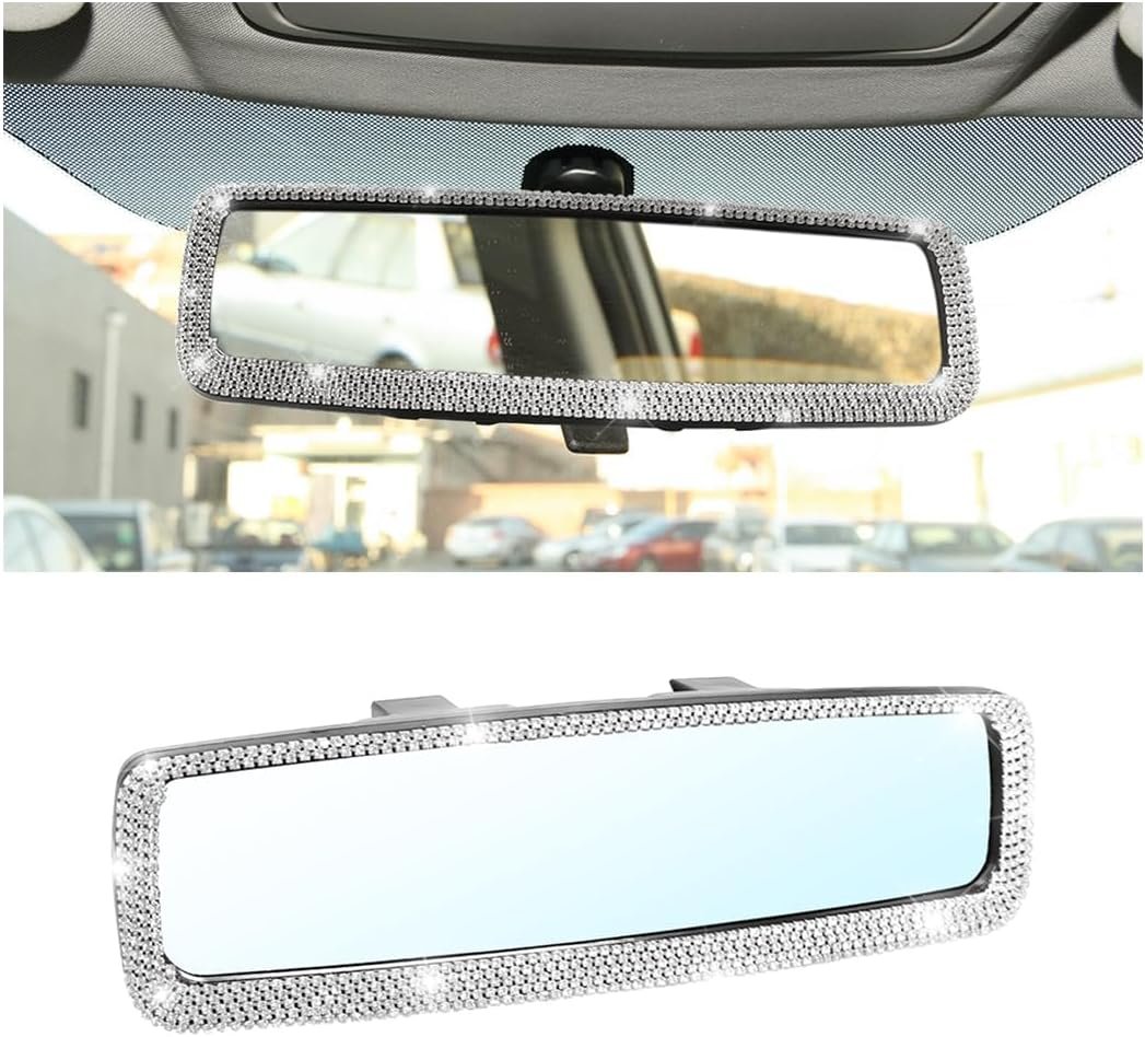 XINLIYA Bling Car Rearview Mirror, Decorations Rear View Mirror with Crystal Rhinestones & Diamonds, Car Interior Trim Accessories, Clip-on & HD Glass, Sparkly Gift for Mother Women Girls（Silver）