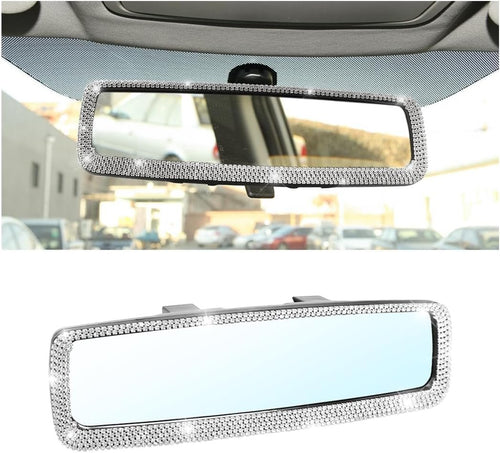 XINLIYA Bling Car Rearview Mirror, Decorations Rear View Mirror with Crystal Rhinestones & Diamonds, Car Interior Trim Accessories, Clip-on & HD Glass, Sparkly Gift for Mother Women Girls（Silver）