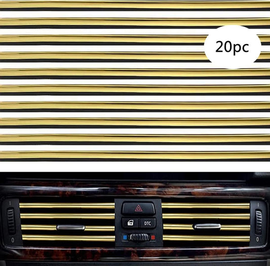 UPGRADE 20 Pcs PVC Car Air Conditioner Vent Outlet Trim Strip, Premium Car Interior Moulding Trim with Cleaning Brush Car Vent Outlet Trim for All Straight Air Vent Outlet (Gold)