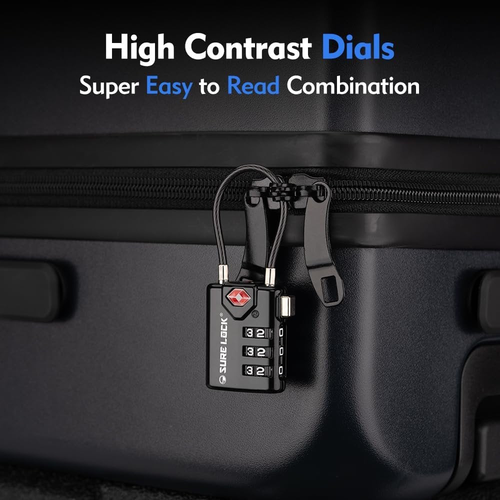 SURE LOCK TSA Compatible Travel Luggage Locks, Inspection Indicator, Easy Read Dials TSA Approved with Zinc Alloy, BLACK 4 PACK, earnest
