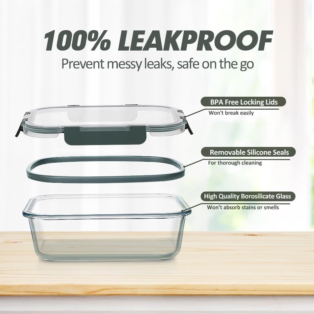 VERONES 24 Pieces Glass Food Storage Containers Set, Airtight Glass Lunch Containers, Glass Meal Prep Containers with Lids,Exclusive of BPA, for Microwave, Oven, Freezer & Dishwasher Friendly,Grey