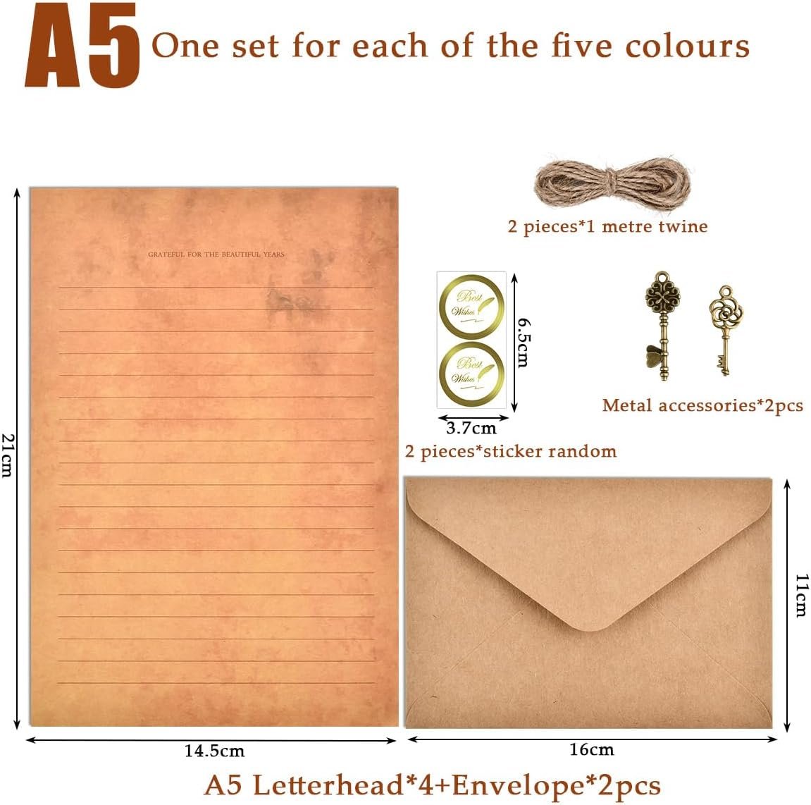 OTYMIOW Vintage Stationery Paper and Envelopes Set - 20 Sheets, 10 Envelopes, 10 Twine, 10 Keys, 10 Seal Stickers for Letter Writing
