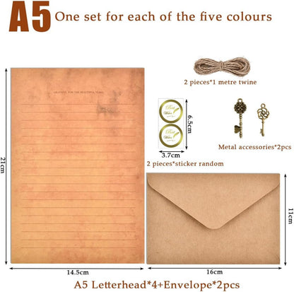OTYMIOW Vintage Stationery Paper and Envelopes Set - 20 Sheets, 10 Envelopes, 10 Twine, 10 Keys, 10 Seal Stickers for Letter Writing