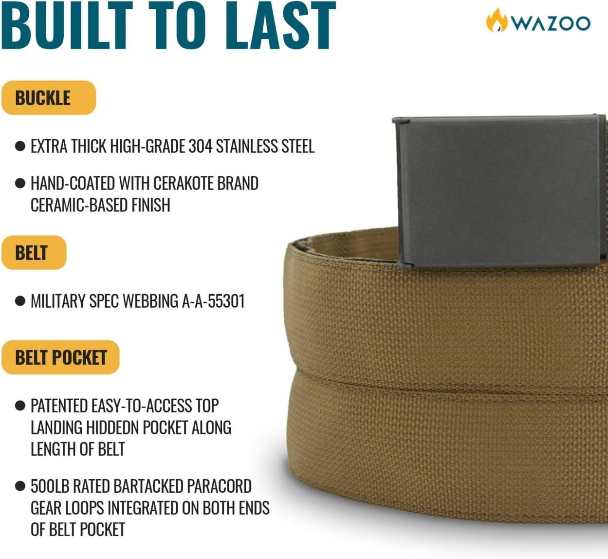 WAZOO Survival Gear Cache Belt, Anti-Theft Everyday Carry Belt for Travel and Outdoors - TSA Compliant, Stainless-Steel Buckle with Bottle Opener & Hidden Sleeve, Made in USA (Wolf Grey, Large)