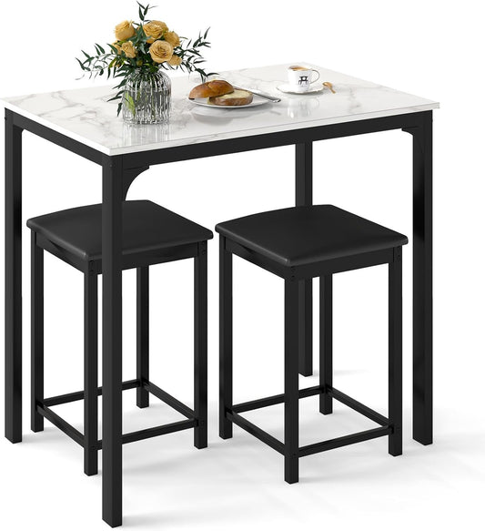 Giantex 3 Pcs Dining Table and Chairs Set with Faux Marble Tabletop 2 Chairs Contemporary Dining Table Set for Home or Hotel Dining Room, Kitchen or Bar (White & Black)