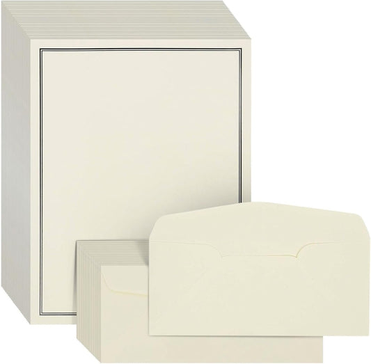 Ecru and Black Premium Stationery Paper Set, Letter Size (24 Envelopes, 48 Sheets)