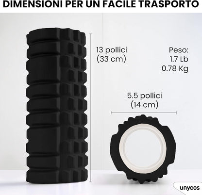 unycos - Foam Roller for Muscle Self-Massage, Fitness Roller in Hard EVA for Massages【Load 130 kg | 33 x 14 cm】Yoga, Pilates, Therapy that Improves Recovery in the Gym (Black)