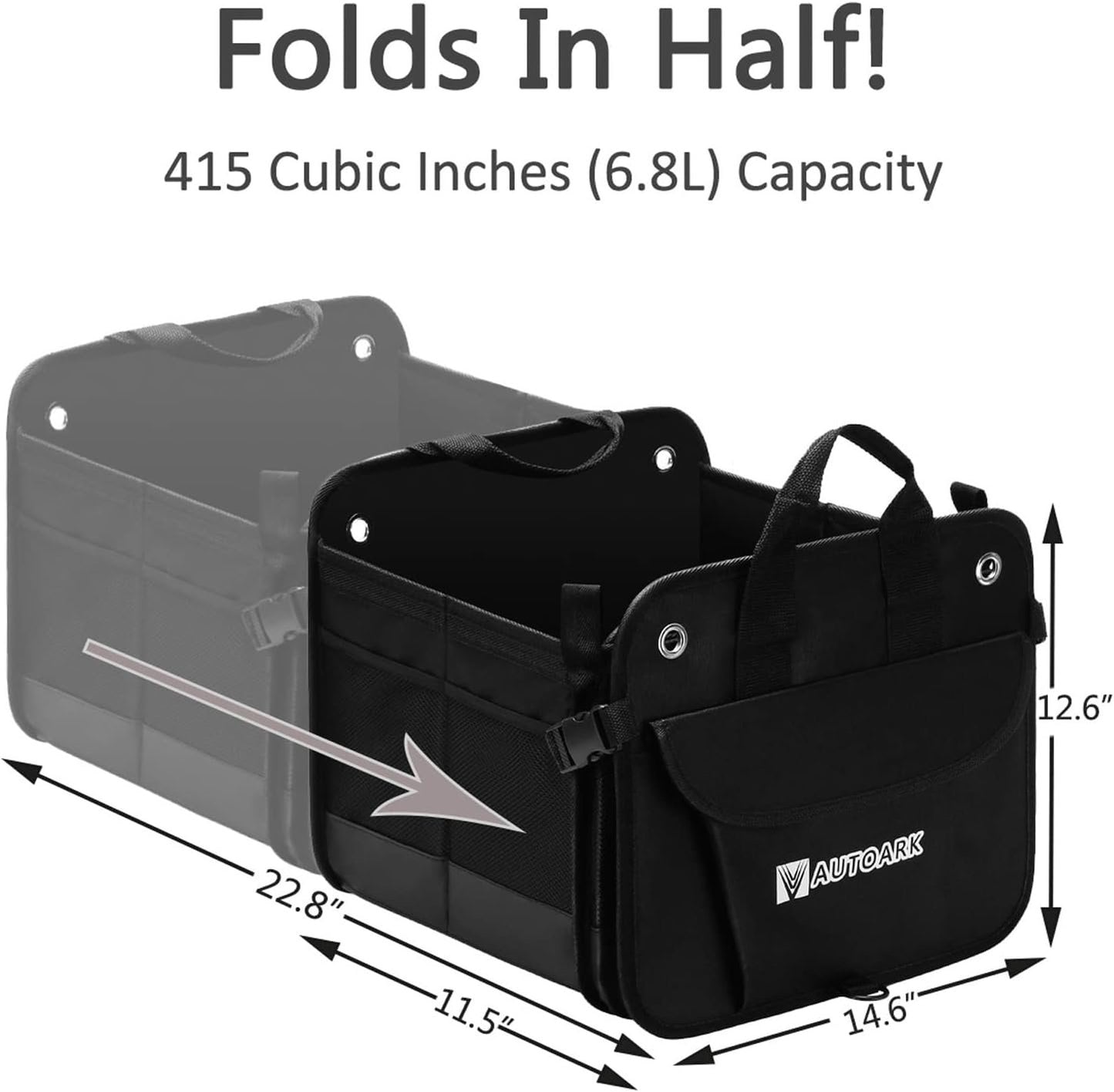 Autoark Multipurpose Car Trunk Organizer with Foldable Lid and Straps,Non-Slip Waterproof Bottom,Durable Collapsible Adjustable Compartments Cargo Storage,Black,AK-102