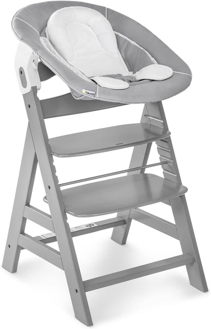 hauck Alpha Bouncer 2-in-1, Grey - Baby Bouncer with Rocking Base Compatible with Alpha+ and Beta+ Baby High Chairs - from 0 Months to 9 kg - with 3-Point Belt and Seat Reducer