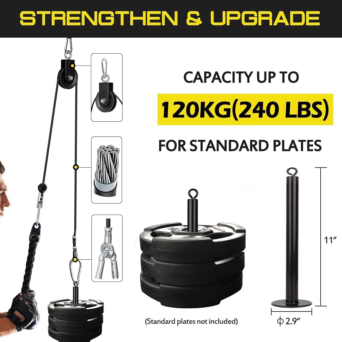 Pulley System for Exercise, 3 in 1 Pulley Cable System with LAT Pulldown Bar/ Tricep Rope/ 2M Gym Cable, Pro Weight Pulley System for Shoulder/Gym, Home Pulley Gym, Fitness Pulley Machine Attachments