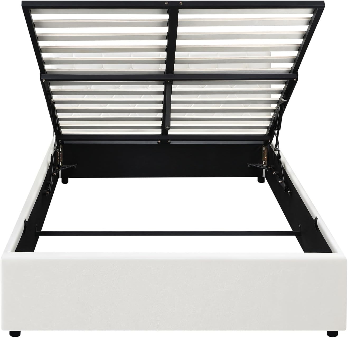 Oikiture Double Bed Frame with Storage and Gas Lift Leather Bed White