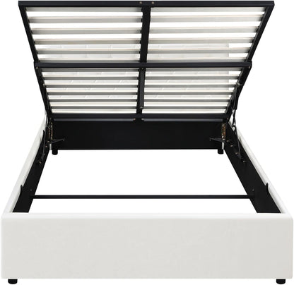 Oikiture Double Bed Frame with Storage and Gas Lift Leather Bed White