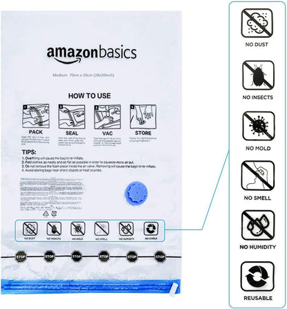 Amazon Basics Vacuum Compression Storage Bags with Hand Pump, 20 Pack (5 Small, 5 Medium, 5 Large & 5 Jumbo), Multiple Size, Clear