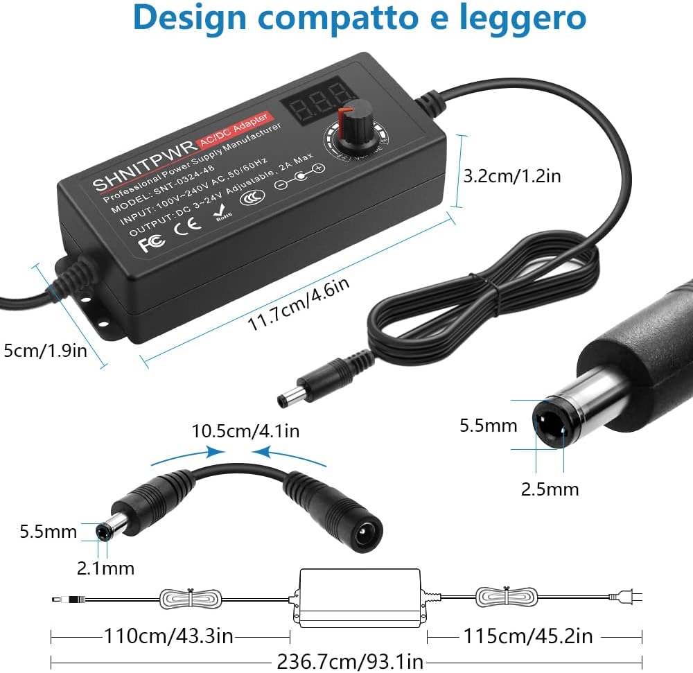 SHNITPWR Alimentatore universale da 3,5V ~ 24V, 48W, 2A, AC/DC, con 14 connettori adattatori, per dispositivi elettronici da 3,5 V a 24V, cornice per fotocamera per baby monitor e strisce LED, ecc.