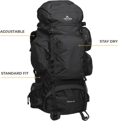 TETON Sports Explorer Backpack Full Internal Frame - Adjustable Backpacking Travel Gear - Water-Repellant Rainfly Cover, Sleeping Bag & 3-Liter Hydration Bladder Pack Storage