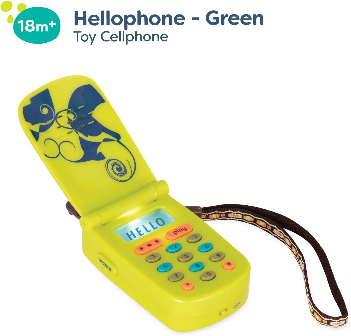 B. Toys – Hellophone- Lime- Pretend Play Toy Cell Phone – Kids Play Phone with Light Sounds & Songs – Toddler Toy Phone with Message Recorder- 10 Months +