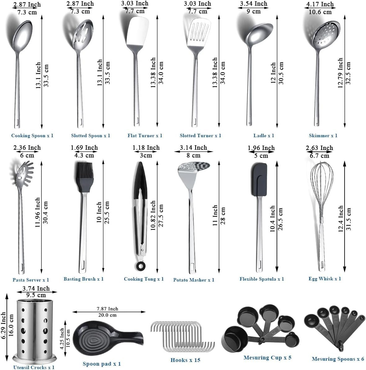 ReaNea 40 Pcs Stainless Steel Kitchen Utensil Set with Utensil Holder, Kitchen Gadgets, Metal Spatula Set