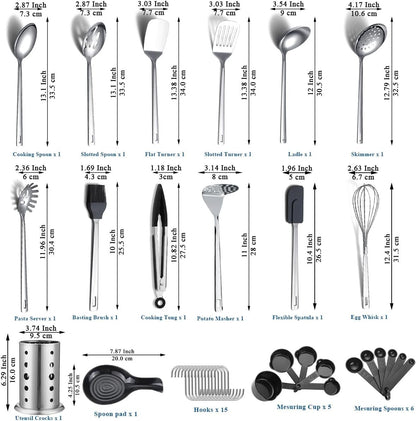 ReaNea 40 Pcs Stainless Steel Kitchen Utensil Set with Utensil Holder, Kitchen Gadgets, Metal Spatula Set