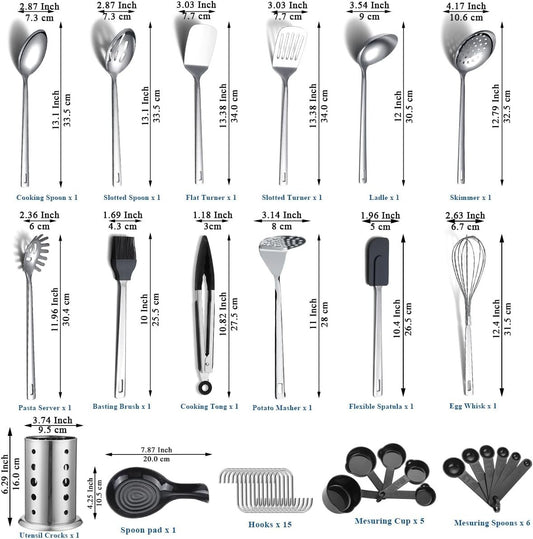 ReaNea 40 Pcs Stainless Steel Kitchen Utensil Set with Utensil Holder, Kitchen Gadgets, Metal Spatula Set