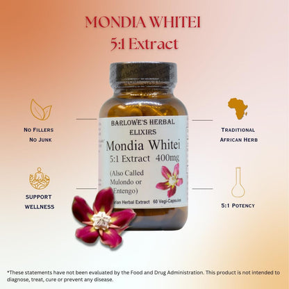 Barlowe's Herbal Elixirs Mondia Whitei 5:1 Extract | 400mg Per Capsule | Traditional African Vitality Herb for Overall Health & Wellness | 60 Vegan Capsules | Clean, Filler-Free Formula