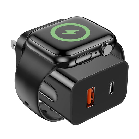 QTHN for Apple Watch Charger PD 20W Fast Charging Block Magnetic Wireless Charging with Dual Ports, Portable 3-in-1 Wall Charger Compatible with Apple Watch，iPhone, Tablet, Black