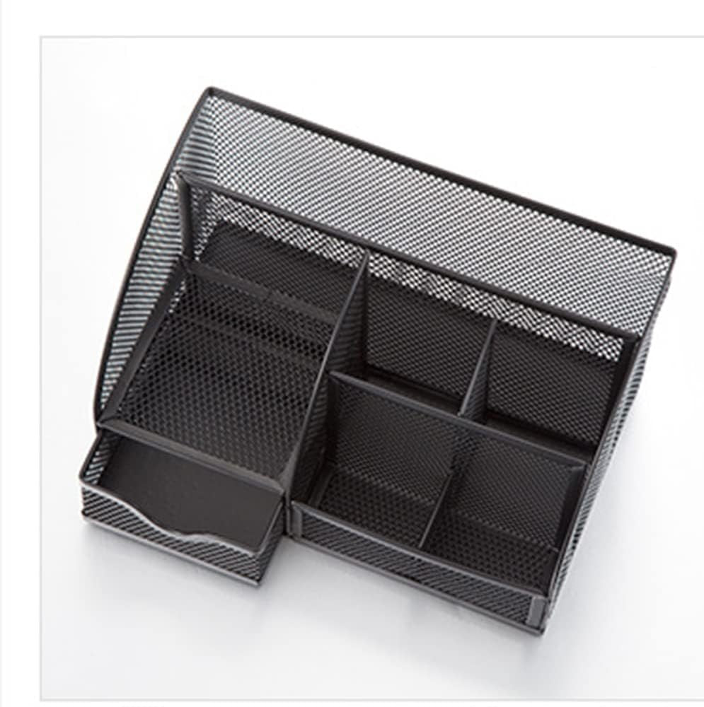 Gonice Black Mesh Desk Organizer, Multi-functional Pen Holder With 6 Compartments and 1 Drawer for Office Supplies and Desk Accessories, Desktop Organizer for Home,Office and School