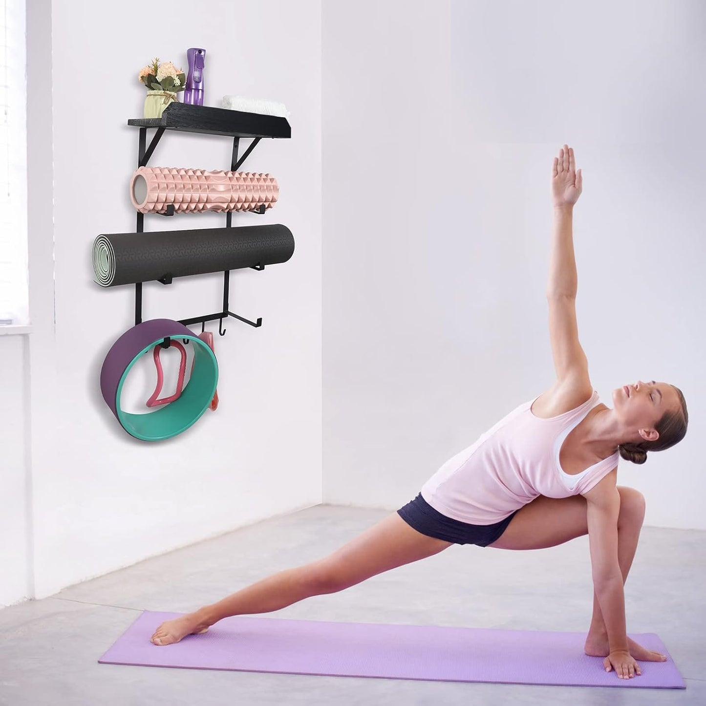 DOCMON Yoga Mat Holder Wall Mount,17" x 28" Yoga Mat Rack Home Gym Accessories, Storage for Foam Roller, with Wood Floating Shelves and 5 Hooks for Hanging Yoga Strap and Resistance Bands (Black)