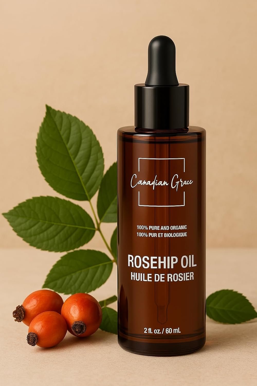 Canadian Grace Organic Rosehip Oil, Natural Cold-Pressed & Authentic for Skin Rejuvenation & Nourishment, 100% Pure & Organic Oil, Deeply Moisturizes & Hydrates Skin - 60ml