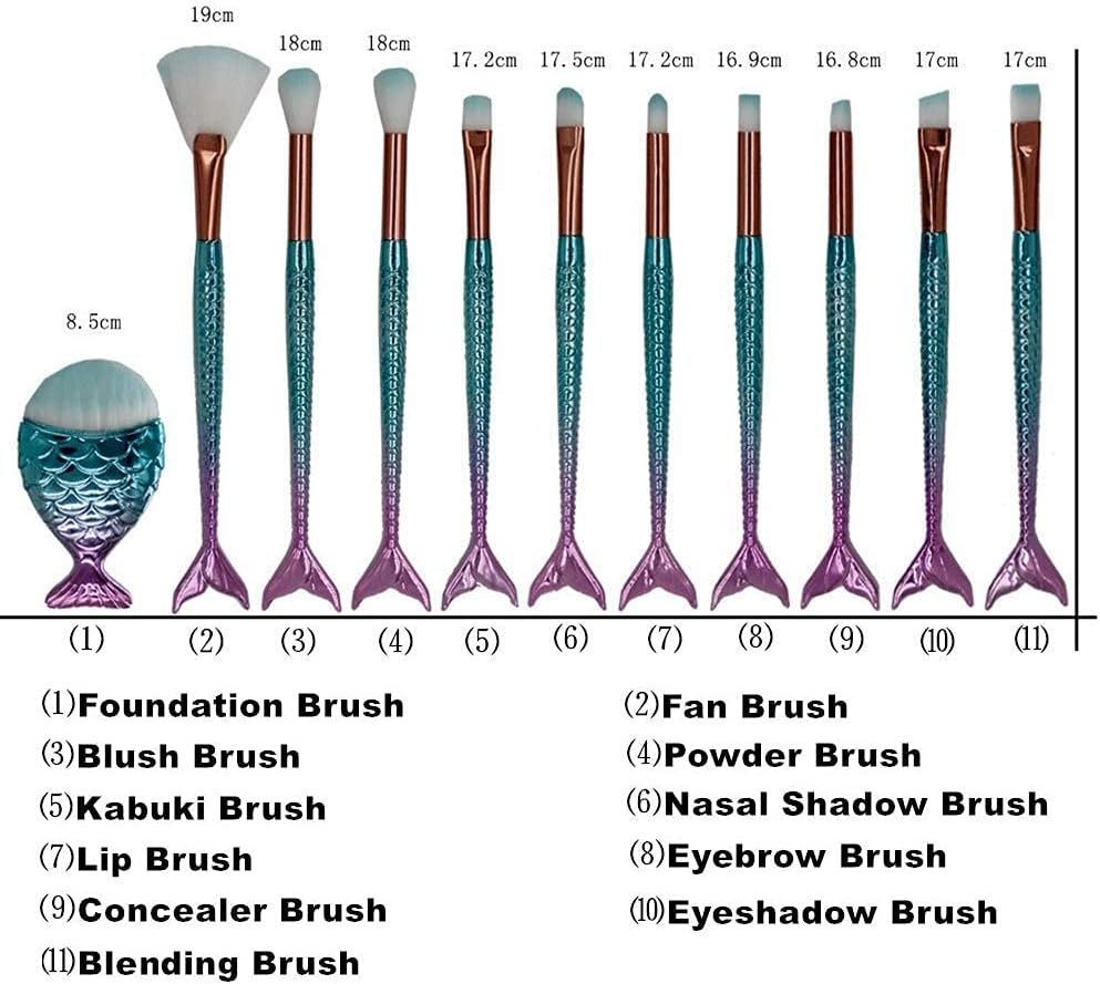 Mermaid Makeup Brushes Set, NIZIYI 11PCS Make Up Foundation Powder Cream Eyebrow EyeShadow Eyeliner Lip Blush Concealer Kabuki Beauty Brushes with Bag for Girls Toys Christmas & Birthday