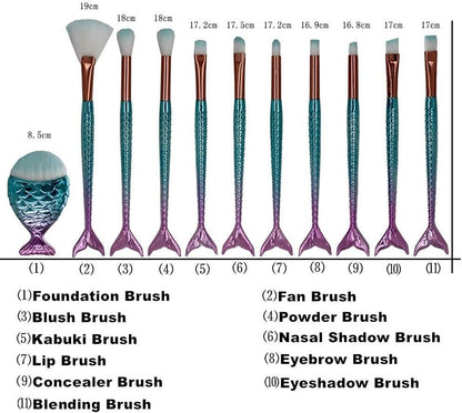 Mermaid Makeup Brushes Set, NIZIYI 11PCS Make Up Foundation Powder Cream Eyebrow EyeShadow Eyeliner Lip Blush Concealer Kabuki Beauty Brushes with Bag for Girls Toys Christmas & Birthday