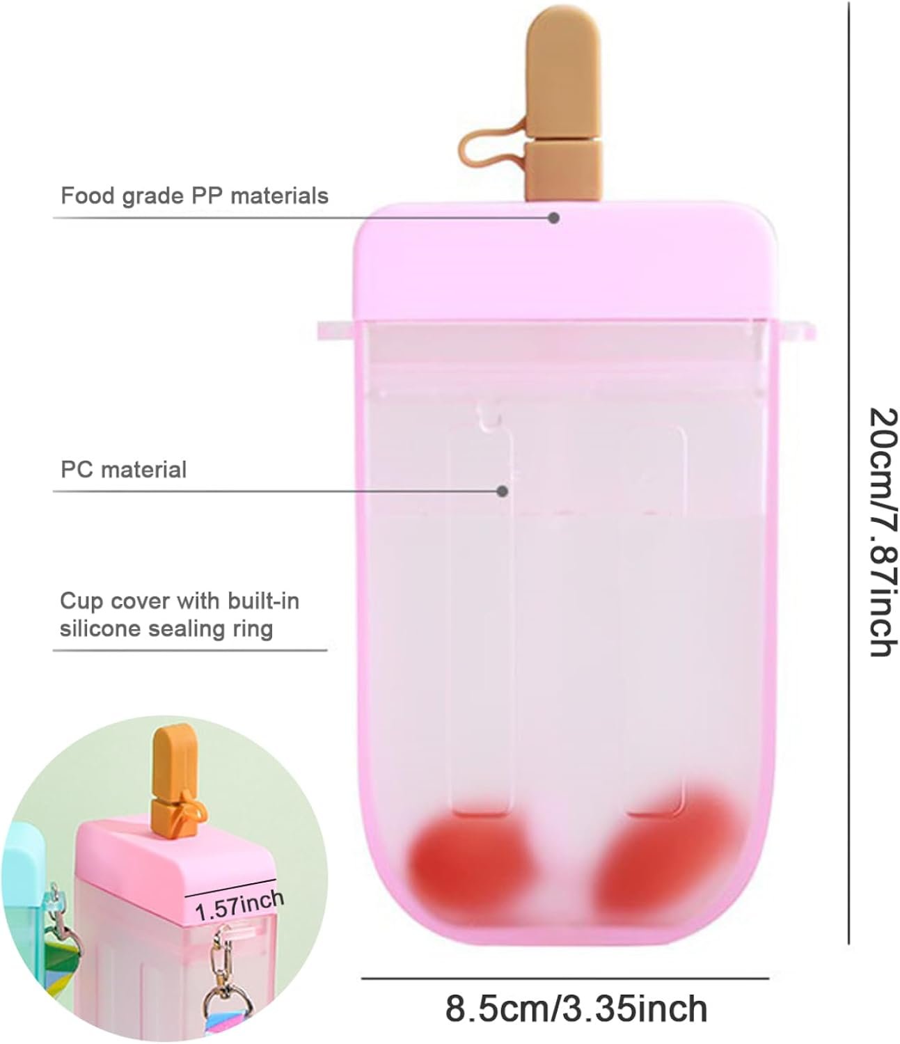 Cups Mugs, Popsicle Water Bottle with Straw Cute Ice Cream Drink Bottle Leakproof Plastic Juice Drinking Cup 300ml