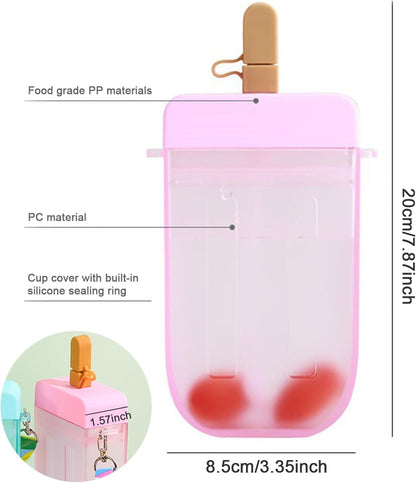Cups Mugs, Popsicle Water Bottle with Straw Cute Ice Cream Drink Bottle Leakproof Plastic Juice Drinking Cup 300ml