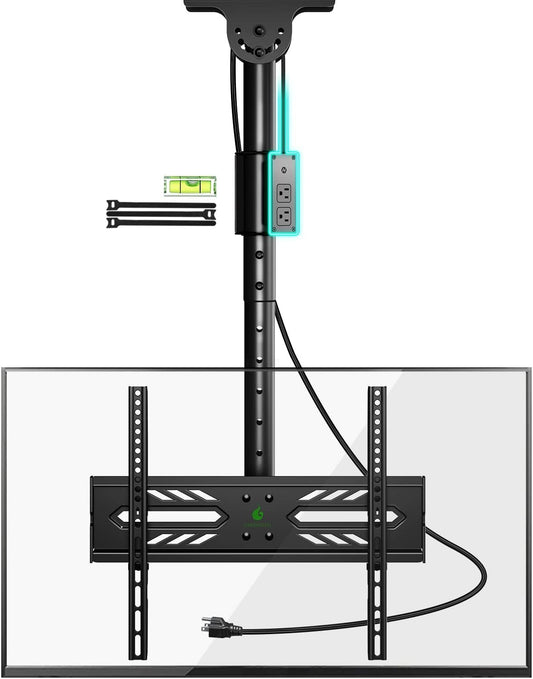 Greenstell Ceiling TV Mount with Power Outlet, TV Mount for 26''-65'' TVs, TV Ceiling Mount with 900J Surge Protection, Swivel, Tilt and 6 Height Adjustable, Max VESA 400x400mm, Holds up to 110LBS